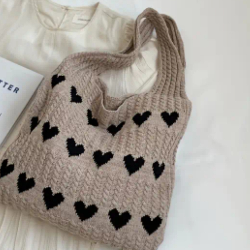 Handmade Stylish Beige and Black Heart Patterned Tote Bag. Handmade